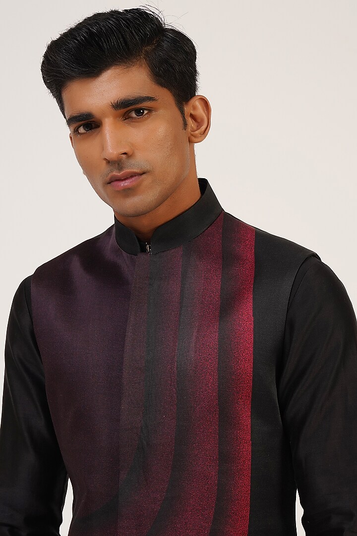 Black & Pink Viscose Satin Printed Nehru Jacket by Dhruv Vaish at Pernia's Pop Up Shop