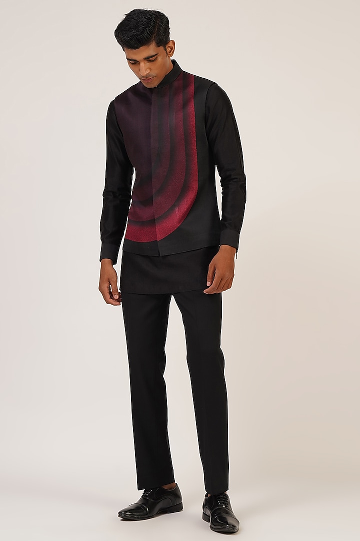 Black & Pink Viscose Satin Printed Nehru Jacket by Dhruv Vaish at Pernia's Pop Up Shop
