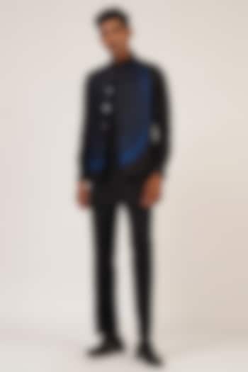 Black & Blue Viscose Satin Printed Nehru Jacket by Dhruv Vaish at Pernia's Pop Up Shop