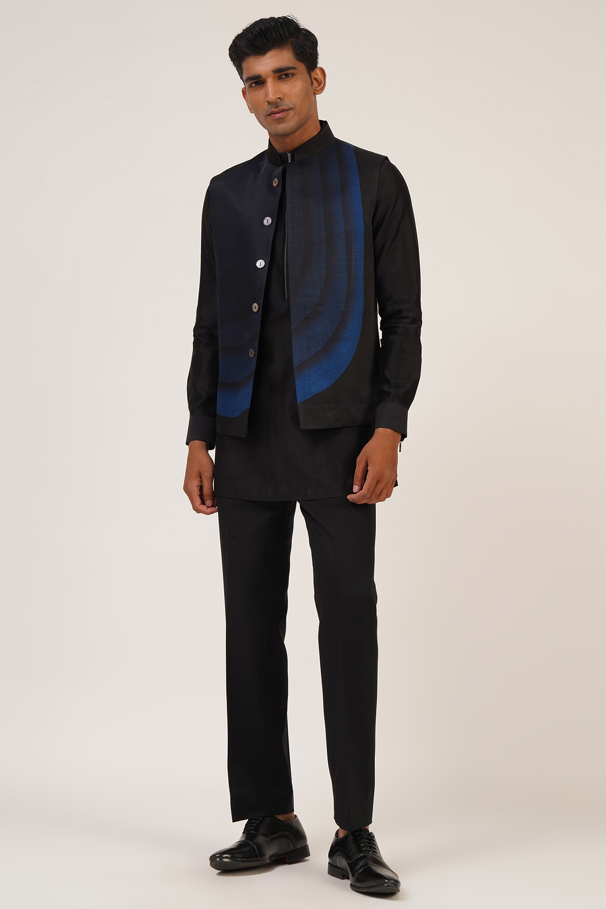 Black & Blue Viscose Satin Printed Nehru Jacket by Dhruv Vaish at Pernia's Pop Up Shop