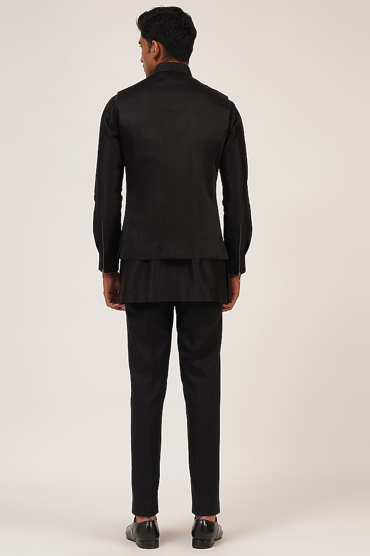 Black & Blue Viscose Satin Printed Nehru Jacket by Dhruv Vaish at Pernia's Pop Up Shop