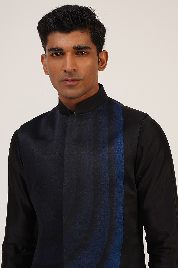 Black & Blue Viscose Satin Printed Nehru Jacket by Dhruv Vaish at Pernia's Pop Up Shop