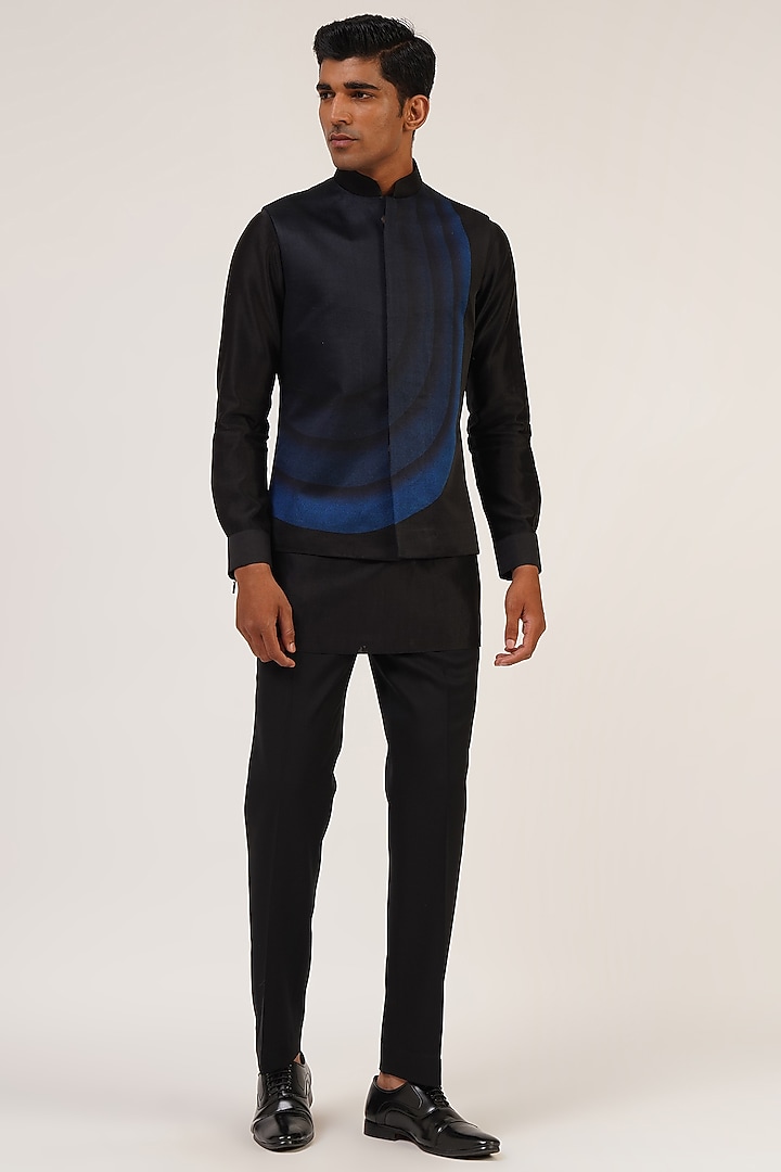 Black & Blue Viscose Satin Printed Nehru Jacket by Dhruv Vaish at Pernia's Pop Up Shop