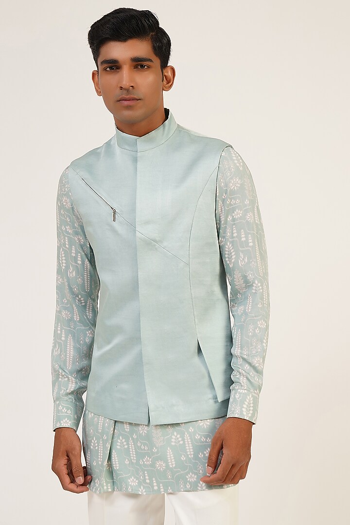 Powder Blue Viscose Satin Nehru Jacket Set by Dhruv Vaish at Pernia's Pop Up Shop