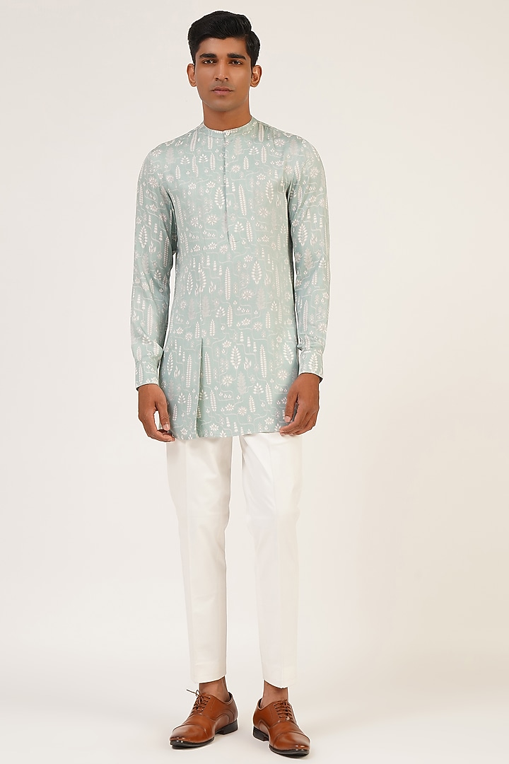 Powder Blue Viscose Satin Nehru Jacket Set by Dhruv Vaish at Pernia's Pop Up Shop