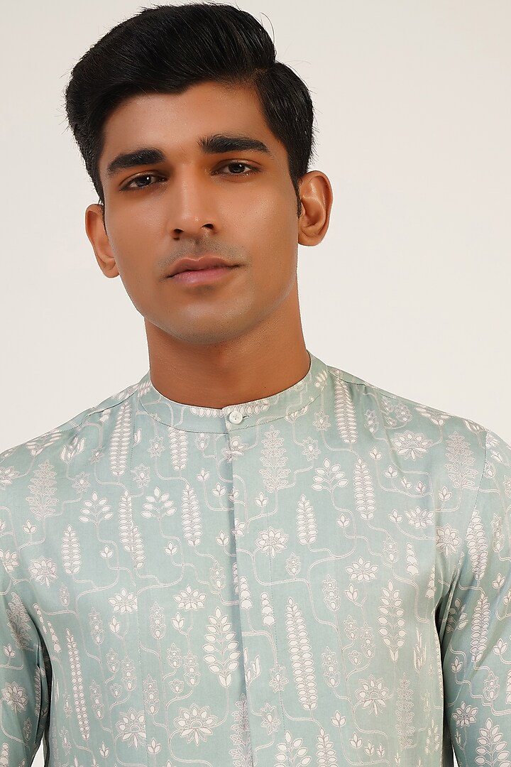 Powder Blue Viscose Satin Nehru Jacket Set by Dhruv Vaish at Pernia's Pop Up Shop