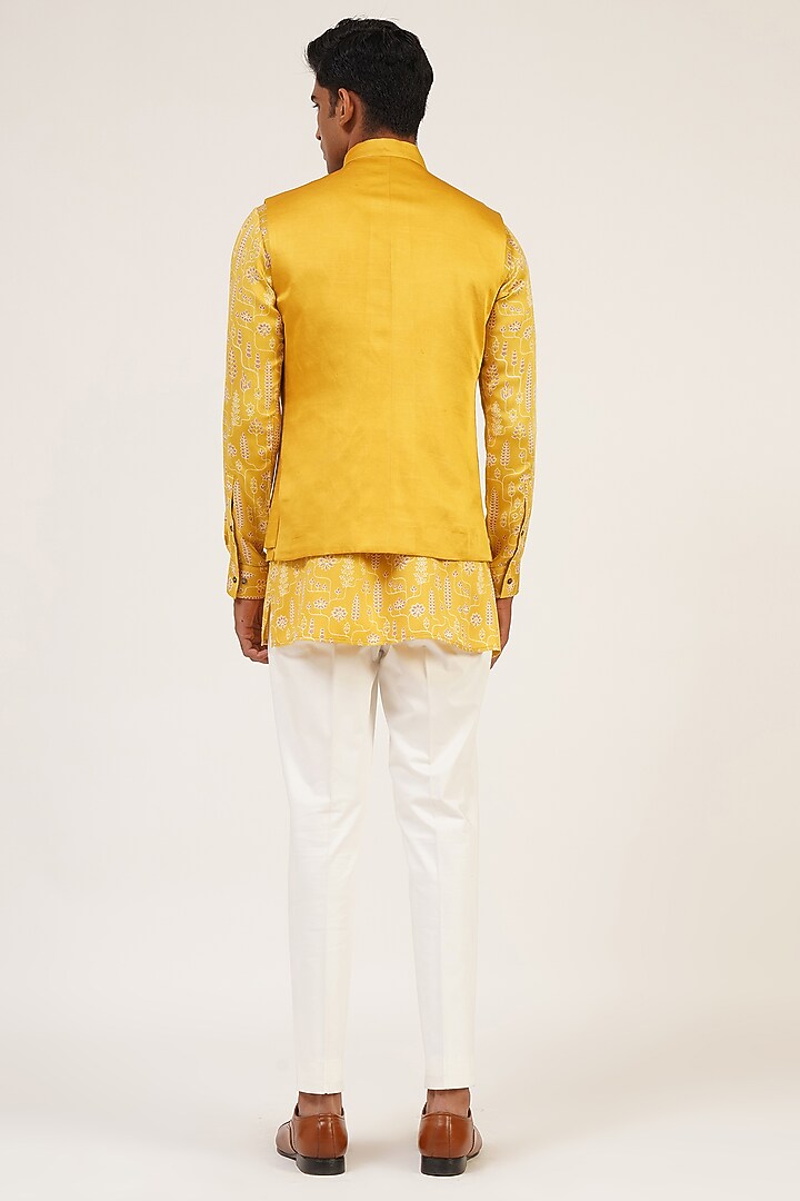 Marigold Viscose Satin Nehru Jacket Set by Dhruv Vaish at Pernia's Pop Up Shop