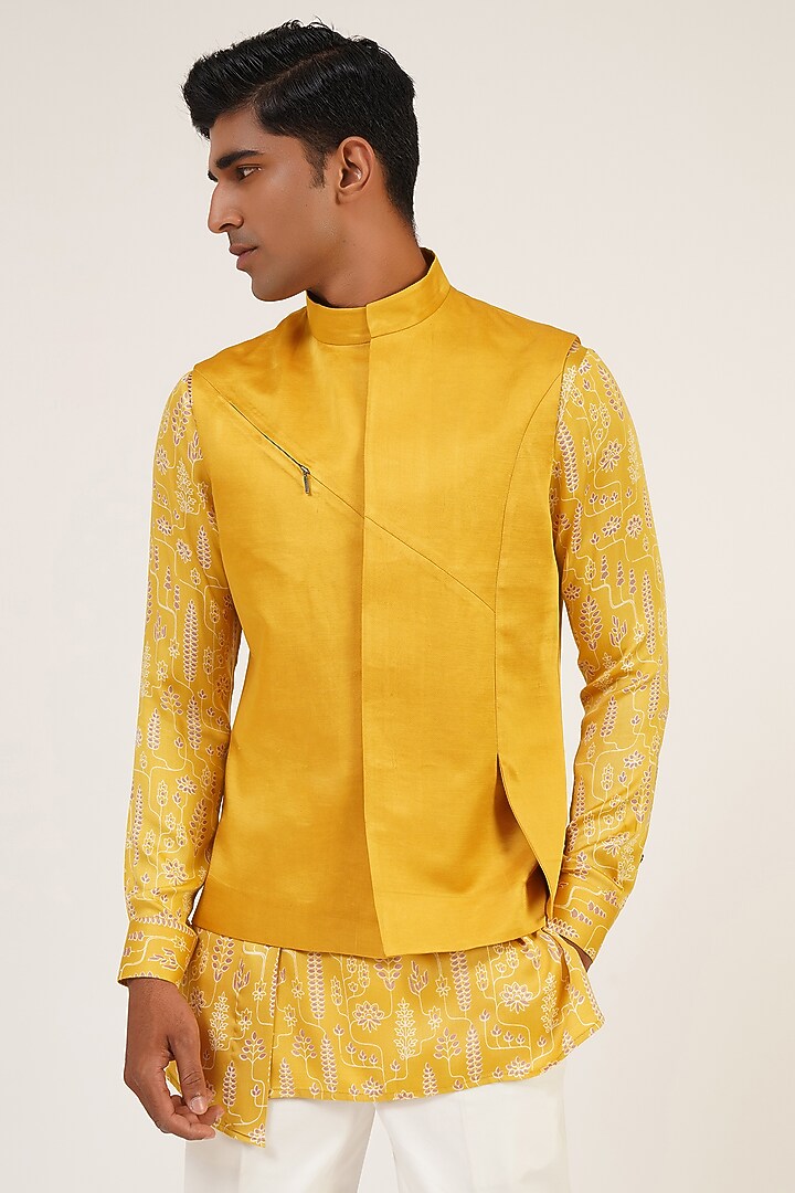 Marigold Viscose Satin Nehru Jacket Set by Dhruv Vaish at Pernia's Pop Up Shop