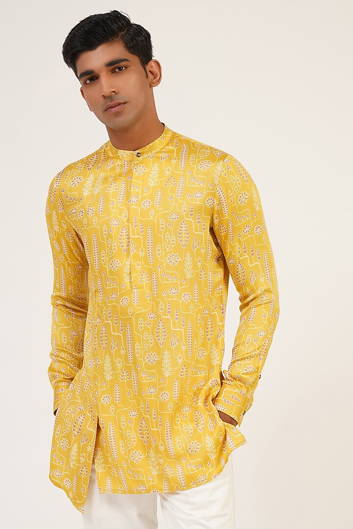 Marigold Viscose Satin Nehru Jacket Set by Dhruv Vaish at Pernia's Pop Up Shop