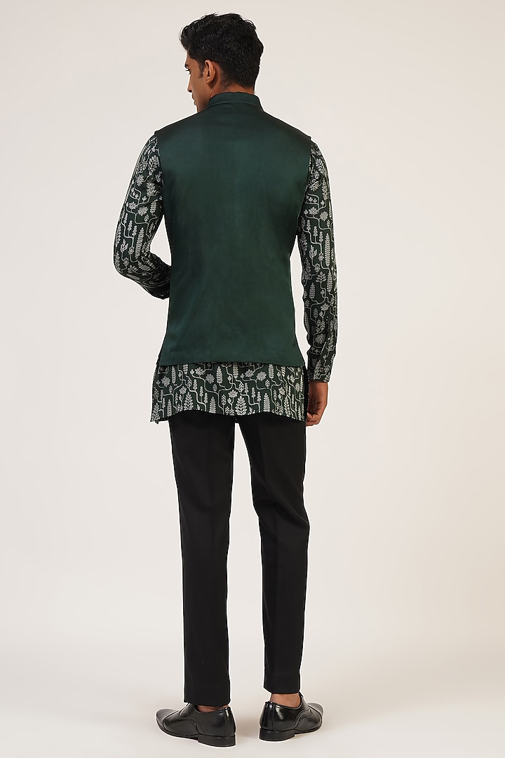 Bottle Green Viscose Satin Nehru Jacket Set by Dhruv Vaish at Pernia's Pop Up Shop