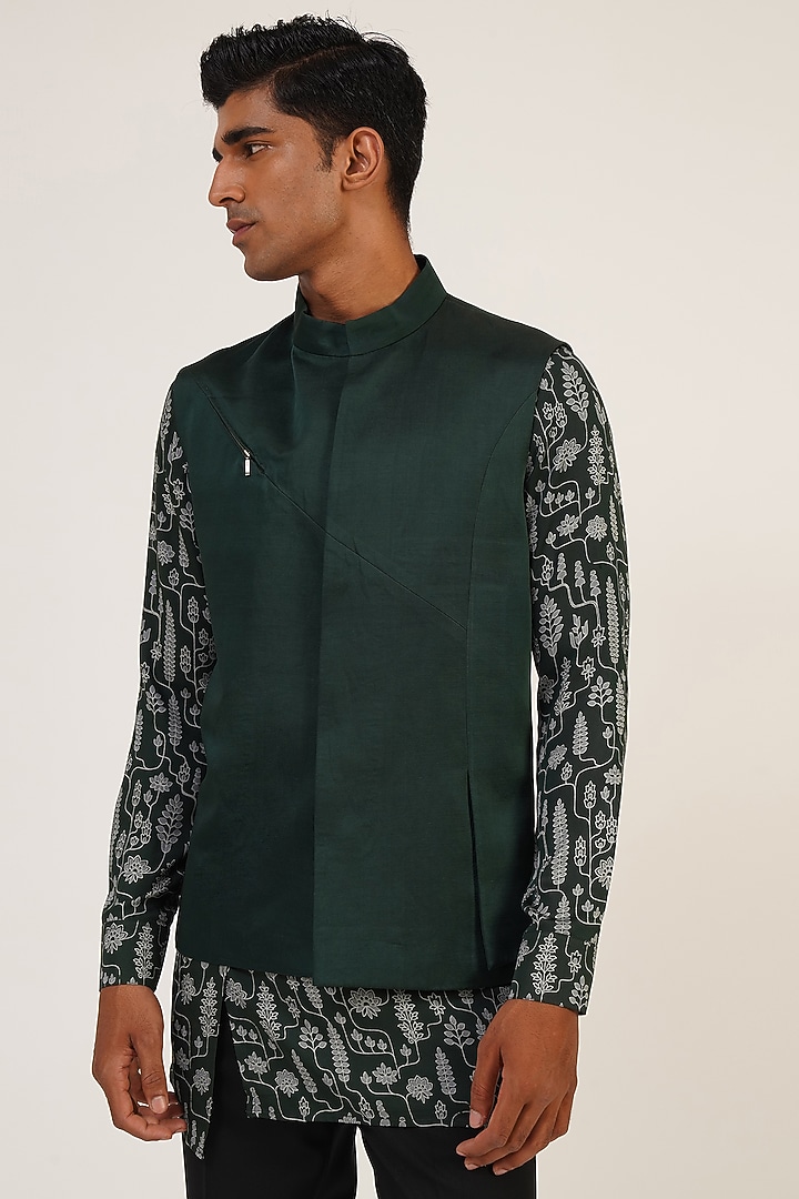 Bottle Green Viscose Satin Nehru Jacket Set by Dhruv Vaish at Pernia's Pop Up Shop