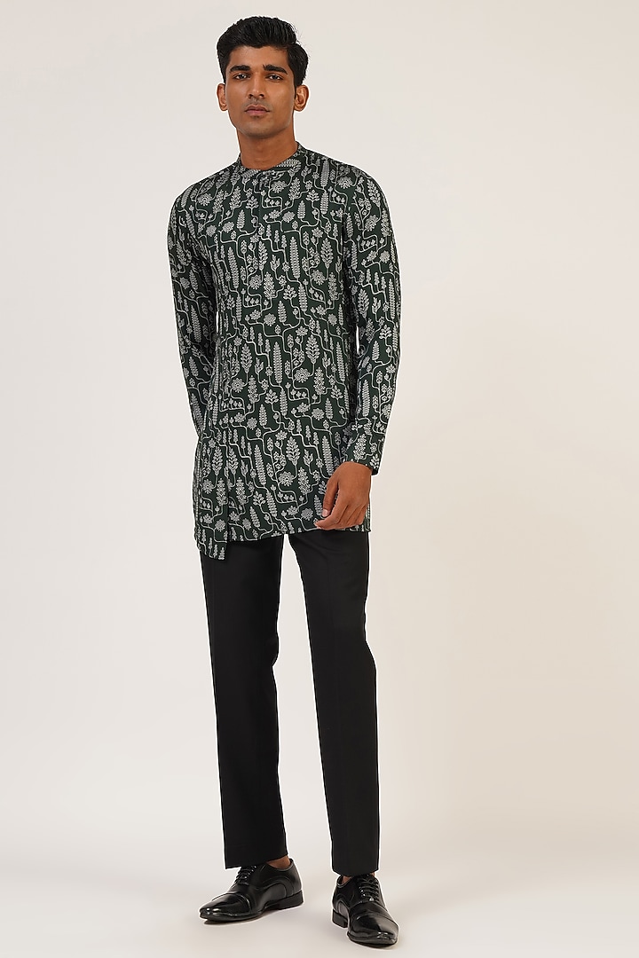 Bottle Green Viscose Satin Nehru Jacket Set by Dhruv Vaish at Pernia's Pop Up Shop
