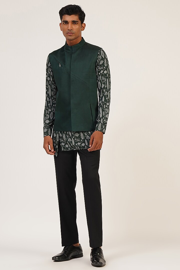 Bottle Green Viscose Satin Nehru Jacket Set by Dhruv Vaish at Pernia's Pop Up Shop