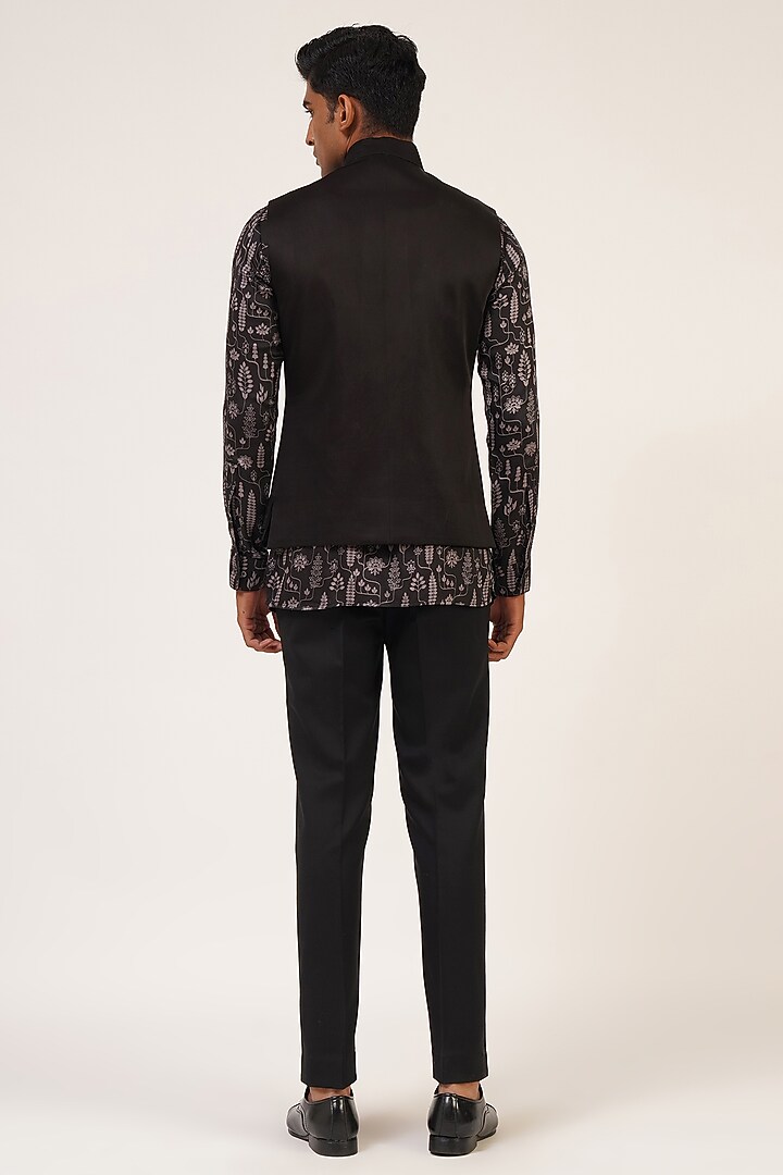 Black Viscose Satin Nehru Jacket Set by Dhruv Vaish at Pernia's Pop Up Shop