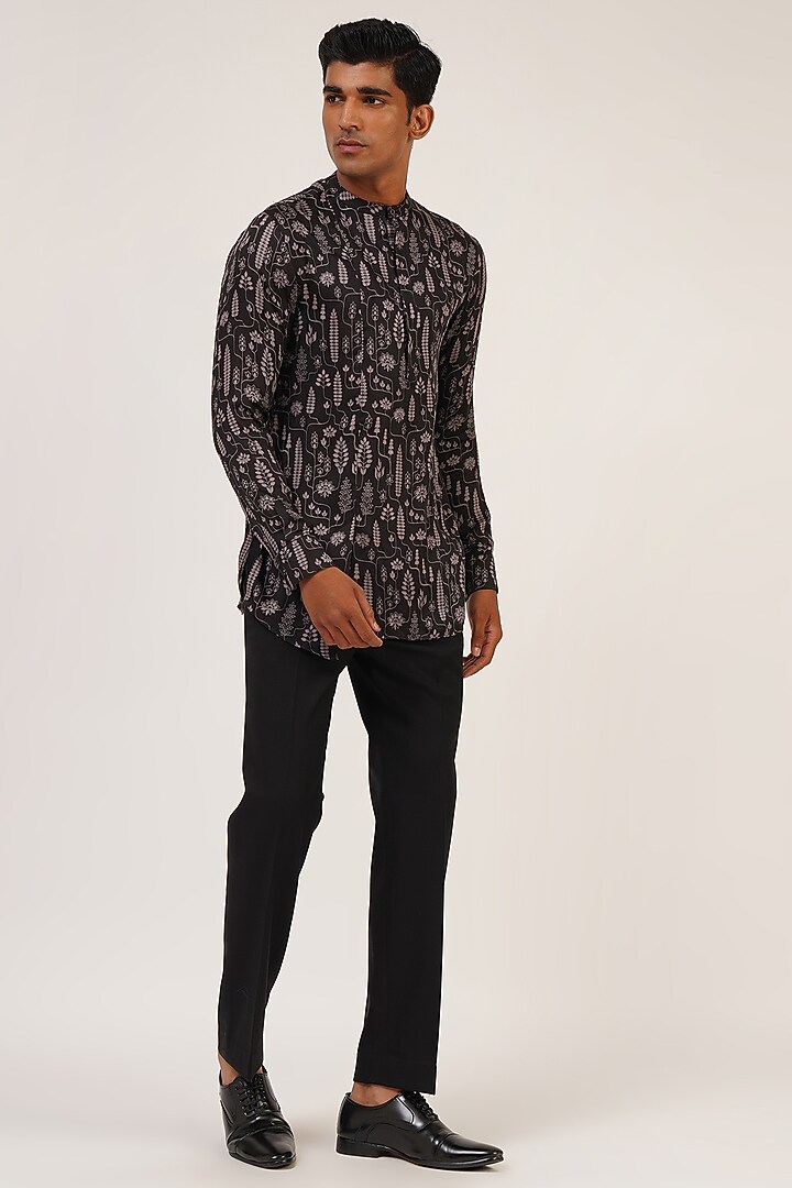 Black Viscose Satin Nehru Jacket Set by Dhruv Vaish at Pernia's Pop Up Shop