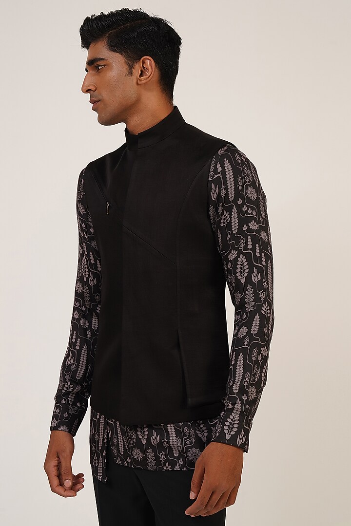 Black Viscose Satin Nehru Jacket Set by Dhruv Vaish at Pernia's Pop Up Shop