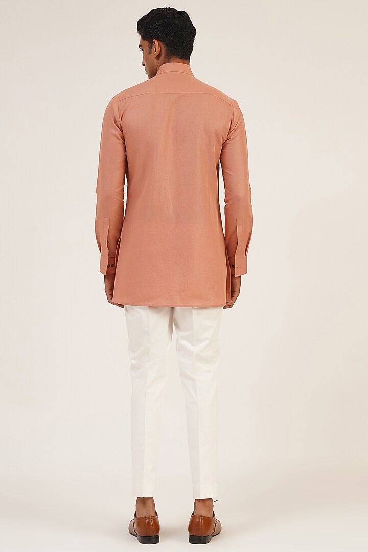 Salmon Pink Cotton Linen Short Kurta by Dhruv Vaish at Pernia's Pop Up Shop