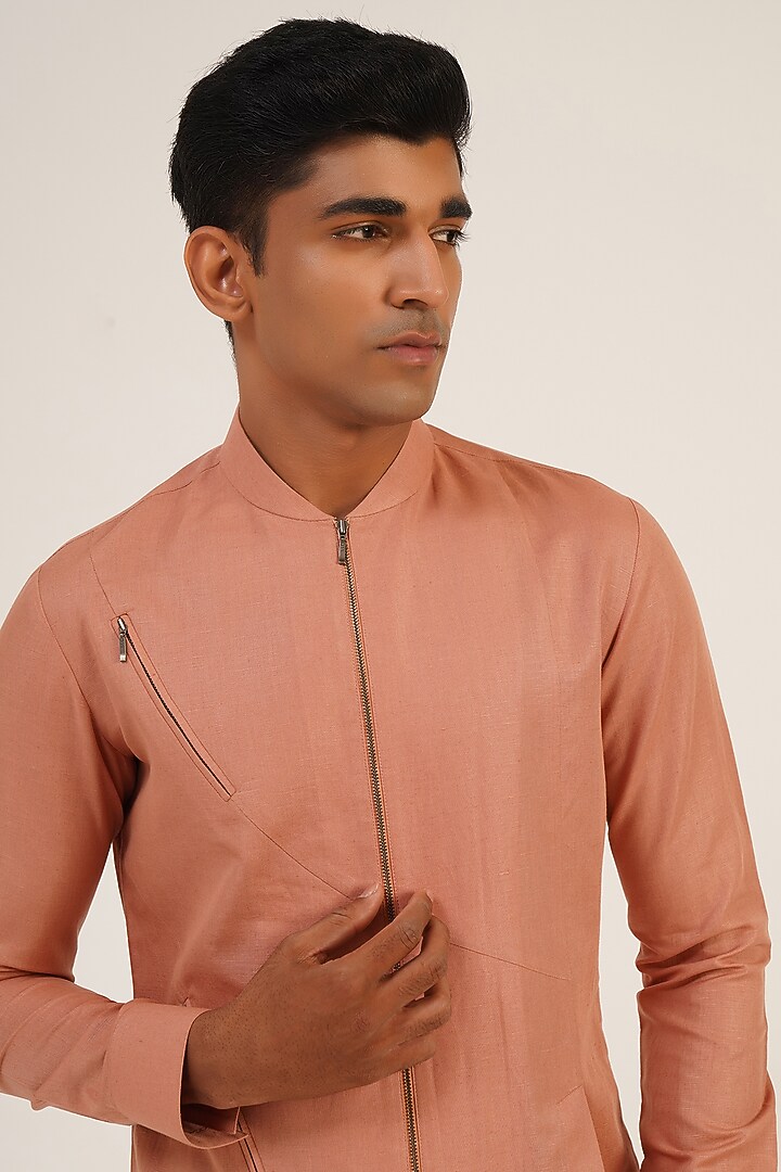 Salmon Pink Cotton Linen Short Kurta by Dhruv Vaish at Pernia's Pop Up Shop
