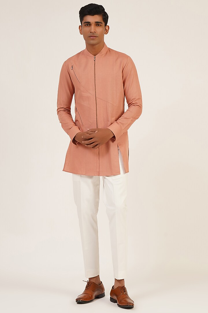 Salmon Pink Cotton Linen Short Kurta by Dhruv Vaish at Pernia's Pop Up Shop