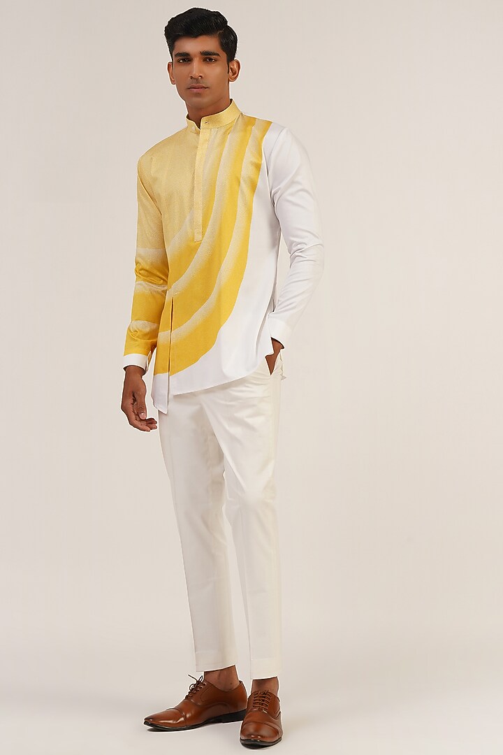 Mustard & Cream Cotton Satin Curve Lines Printed Kurta by Dhruv Vaish at Pernia's Pop Up Shop