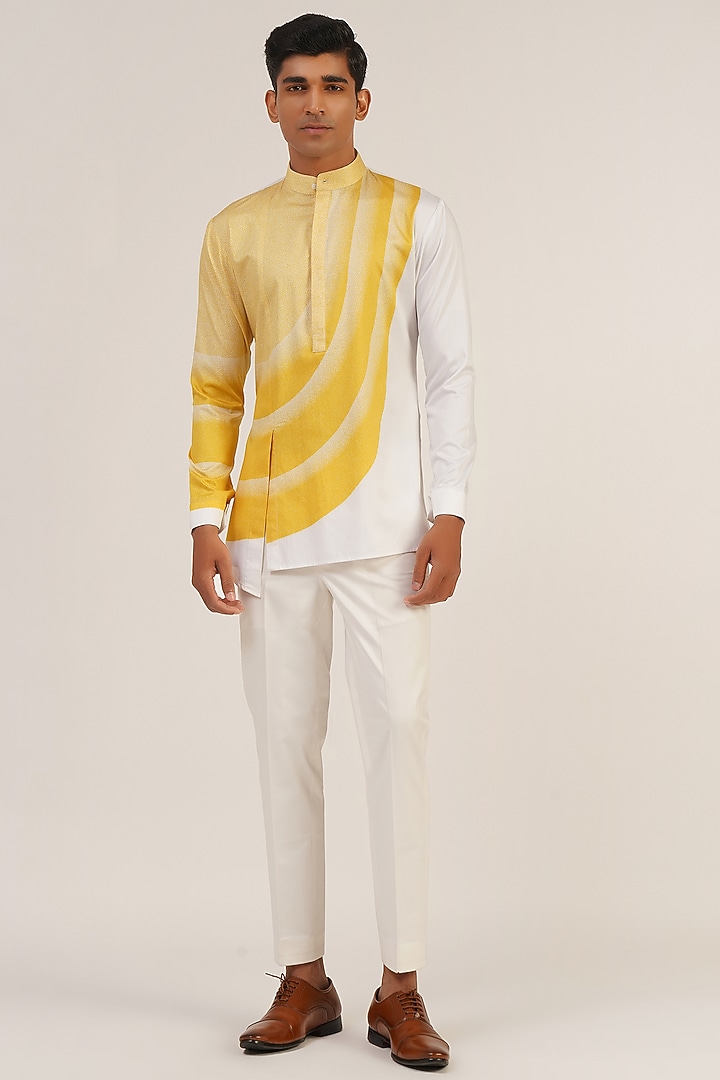 Mustard & Cream Cotton Satin Curve Lines Printed Kurta by Dhruv Vaish at Pernia's Pop Up Shop