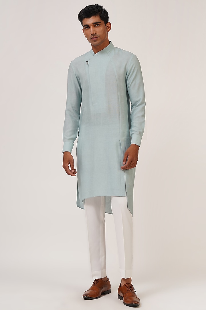 Powder Blue Cotton Silk Asymmetrical Kurta Set by Dhruv Vaish