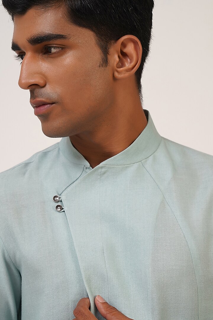 Powder Blue Cotton Silk Asymmetrical Kurta Set by Dhruv Vaish at Pernia's Pop Up Shop