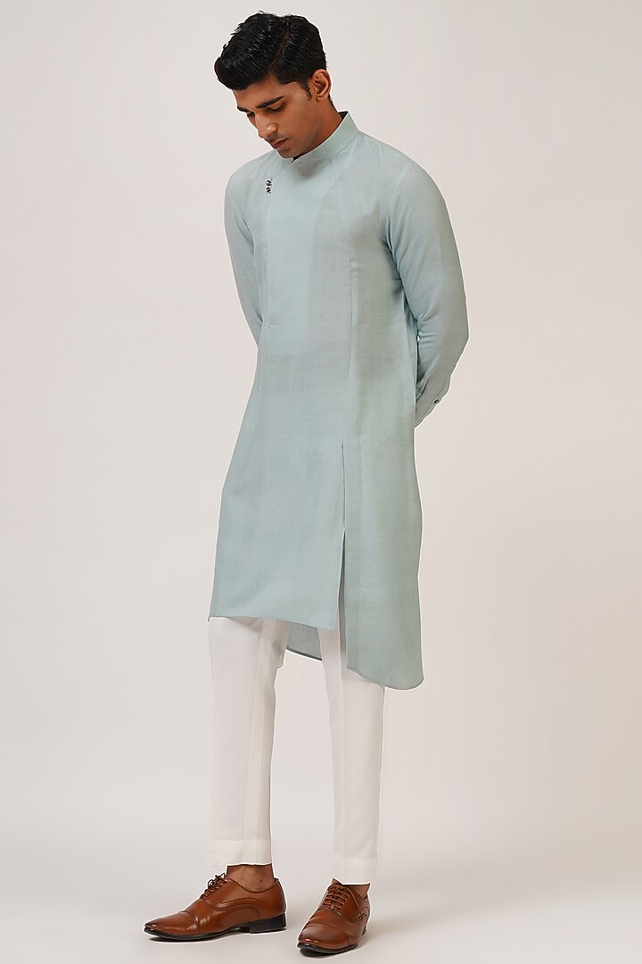 Powder Blue Cotton Silk Asymmetrical Kurta Set by Dhruv Vaish at Pernia's Pop Up Shop