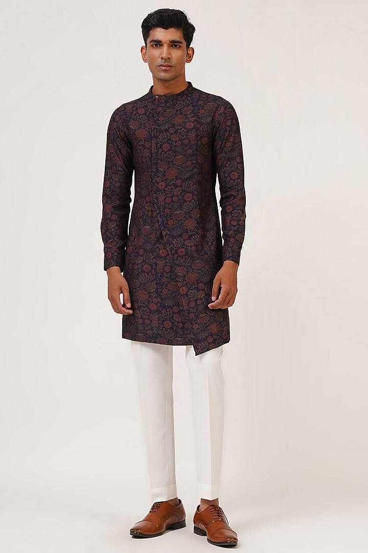 Midnight Blue Cotton Silk Printed Kurta Set by Dhruv Vaish