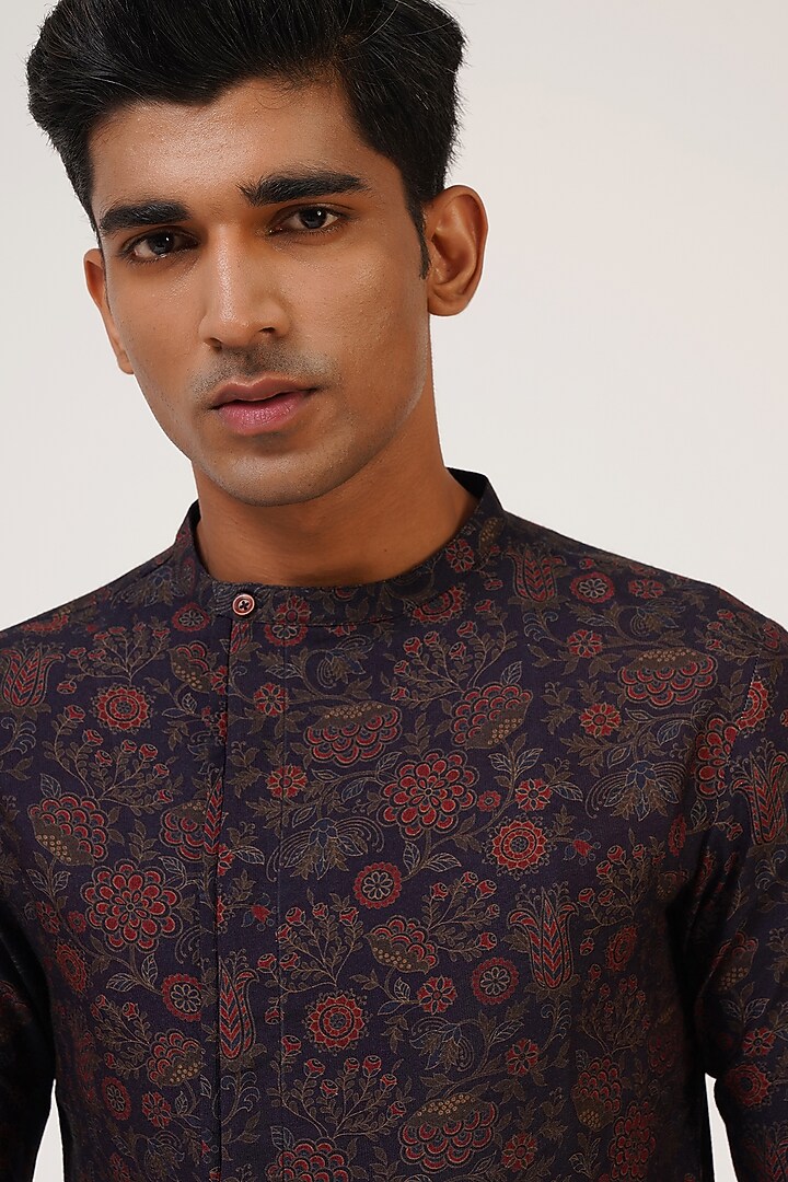 Midnight Blue Cotton Silk Printed Kurta Set by Dhruv Vaish at Pernia's Pop Up Shop