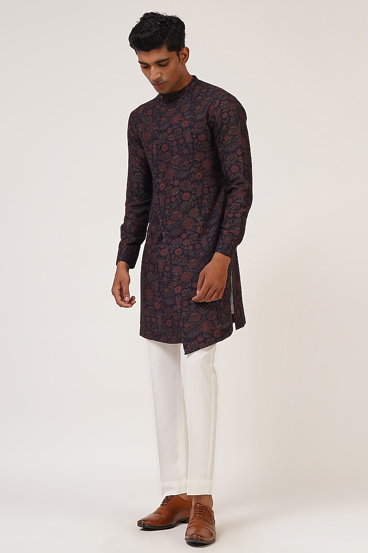 Midnight Blue Cotton Silk Printed Kurta Set by Dhruv Vaish at Pernia's Pop Up Shop