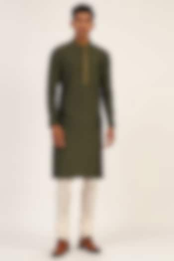 Olive Green Cotton Silk Chanderi Thread Embroidered Pintuck Kurta Set by Dhruv Vaish