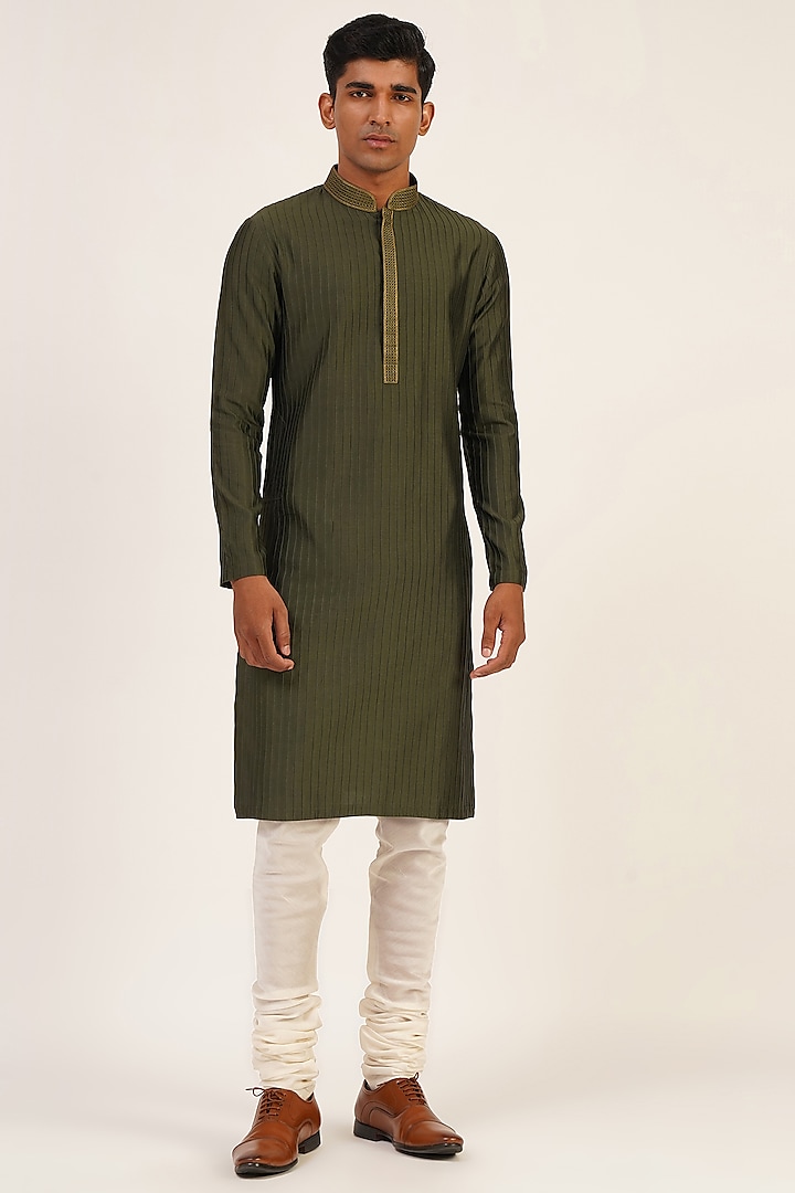 Olive Green Cotton Silk Chanderi Thread Embroidered Pintuck Kurta Set by Dhruv Vaish