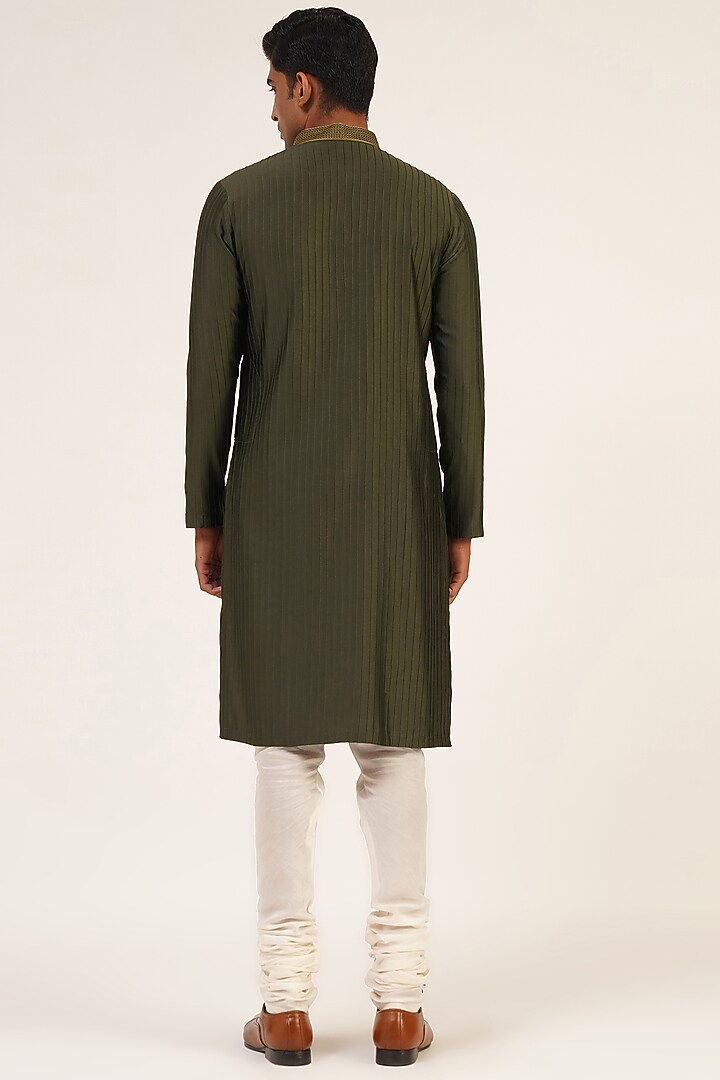 Olive Green Cotton Silk Chanderi Thread Embroidered Pintuck Kurta Set by Dhruv Vaish at Pernia's Pop Up Shop