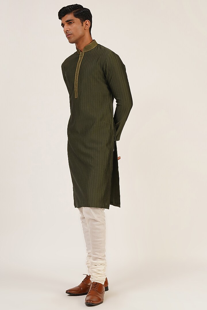 Olive Green Cotton Silk Chanderi Thread Embroidered Pintuck Kurta Set by Dhruv Vaish at Pernia's Pop Up Shop