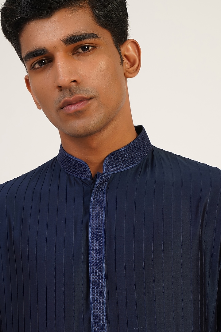 Navy Blue Cotton Silk Chanderi Draped Pintuck Kurta Set by Dhruv Vaish at Pernia's Pop Up Shop