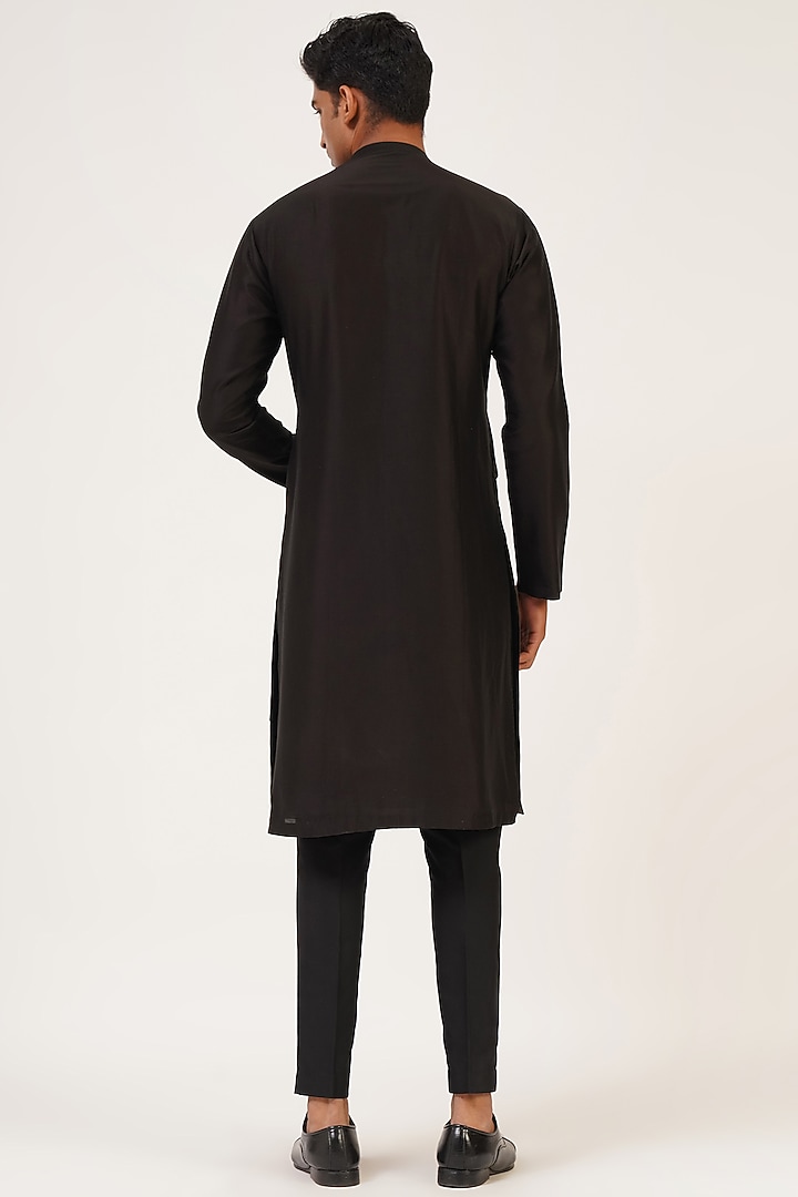 Black Cotton Silk Chanderi Embroidered Asymmetric Kurta Set by Dhruv Vaish at Pernia's Pop Up Shop