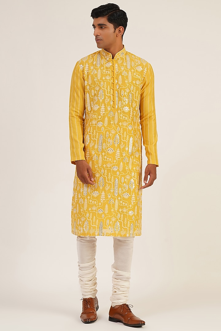 Marigold Cotton Silk Chanderi Thread Embroidered Kurta Set by Dhruv Vaish at Pernia's Pop Up Shop