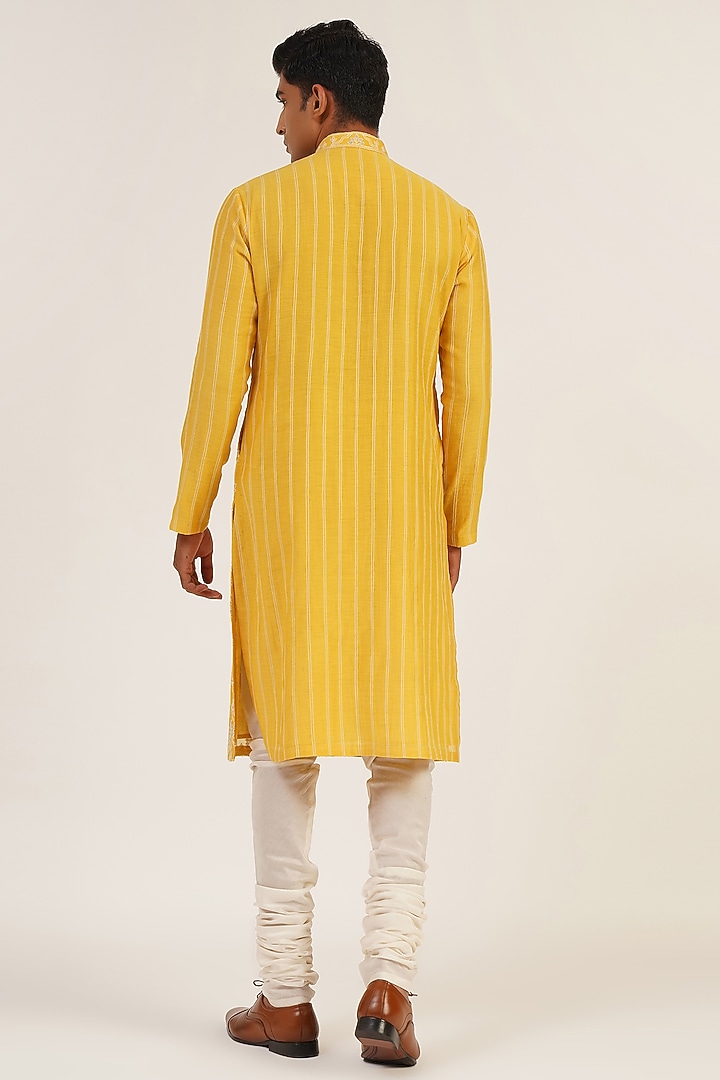 Marigold Cotton Silk Chanderi Thread Embroidered Kurta Set by Dhruv Vaish at Pernia's Pop Up Shop