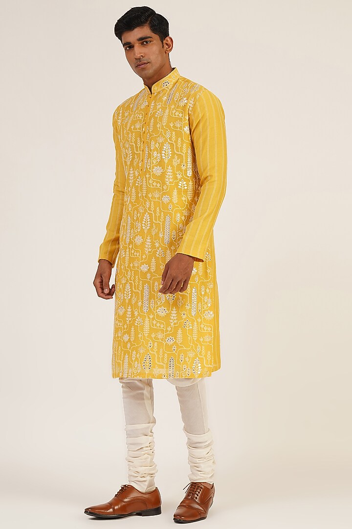 Marigold Cotton Silk Chanderi Thread Embroidered Kurta Set by Dhruv Vaish at Pernia's Pop Up Shop