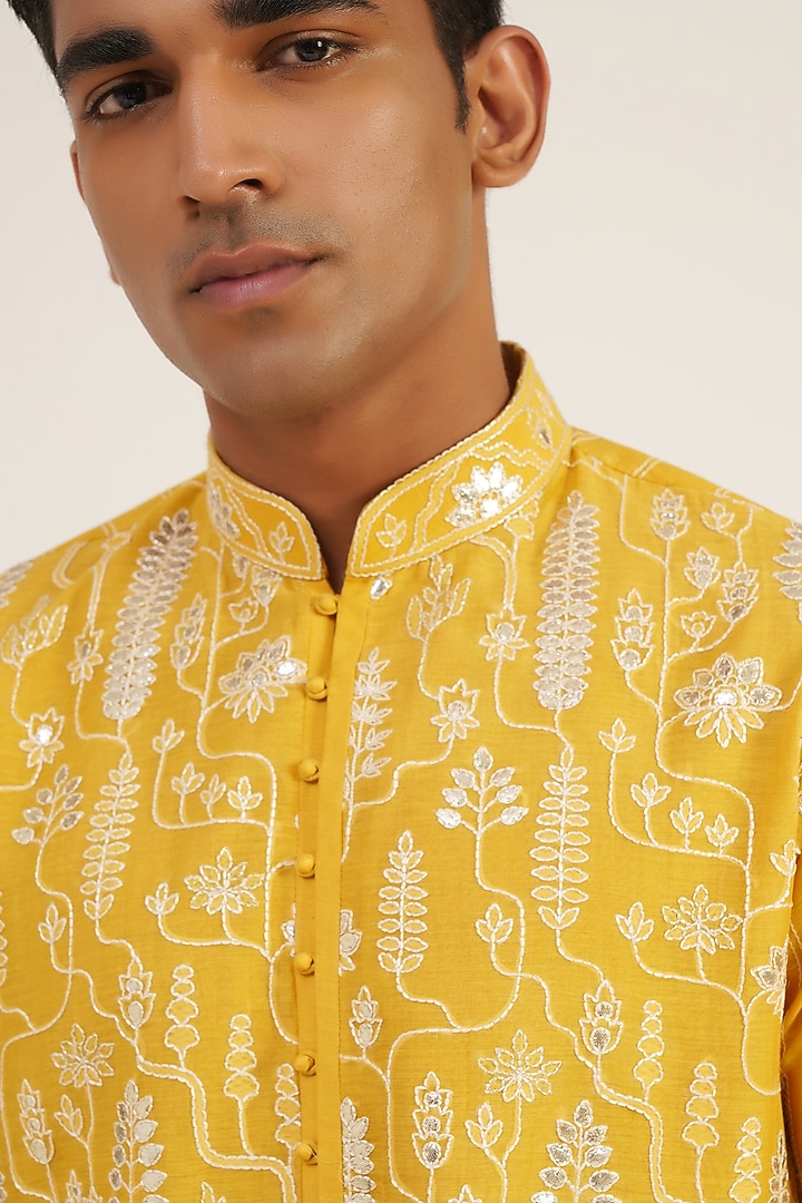 Marigold Cotton Silk Chanderi Thread Embroidered Kurta Set by Dhruv Vaish at Pernia's Pop Up Shop