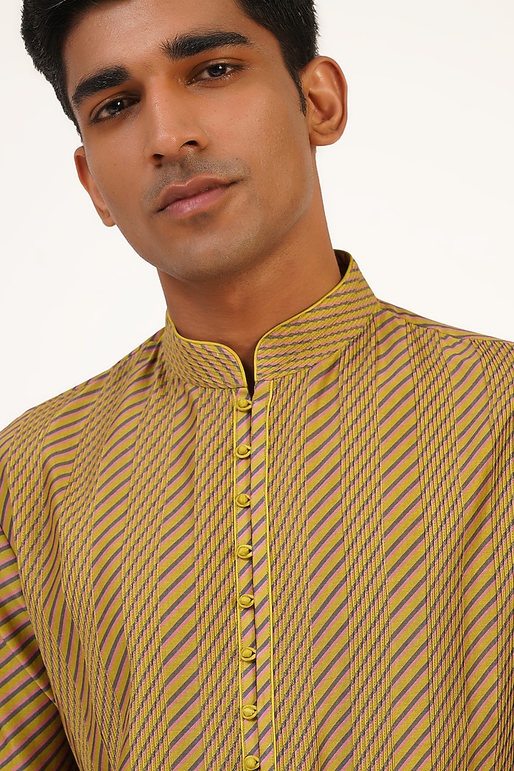 Lime Tilt Cotton Silk Chanderi Printed Kurta Set by Dhruv Vaish at Pernia's Pop Up Shop