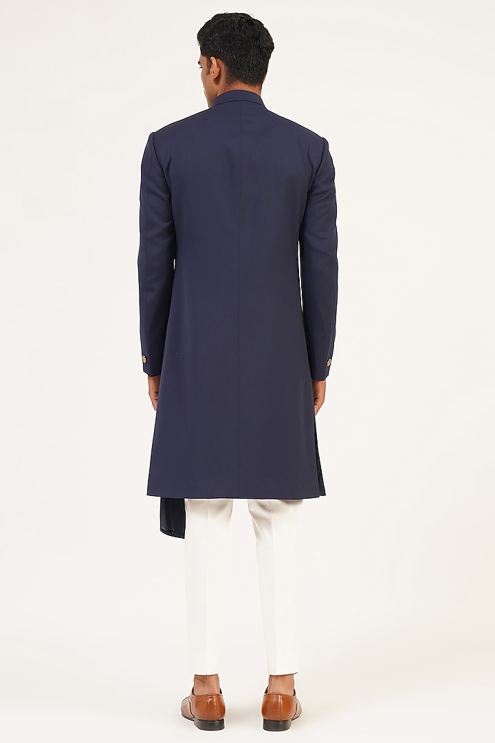 Navy Blue Terry Wool Asymmetrical Wedding Sherwani Set by Dhruv Vaish at Pernia's Pop Up Shop