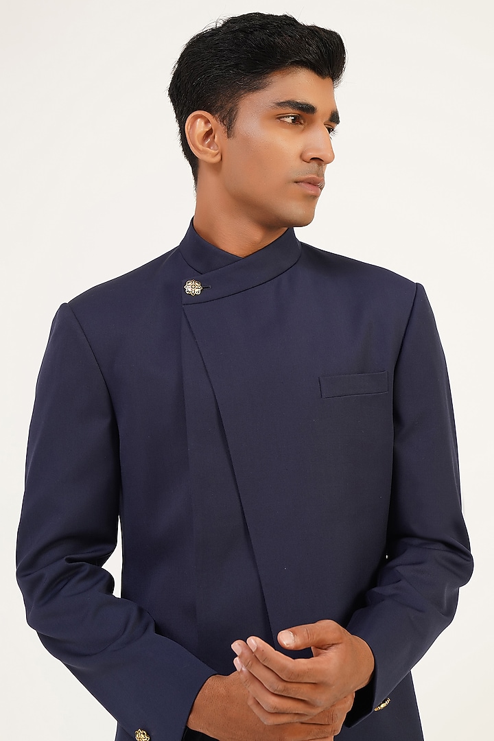 Navy Blue Terry Wool Asymmetrical Wedding Sherwani Set by Dhruv Vaish at Pernia's Pop Up Shop