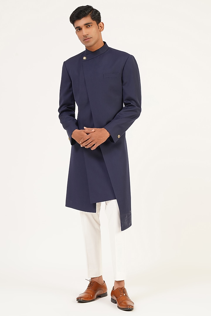 Navy Blue Terry Wool Asymmetrical Wedding Sherwani Set by Dhruv Vaish at Pernia's Pop Up Shop