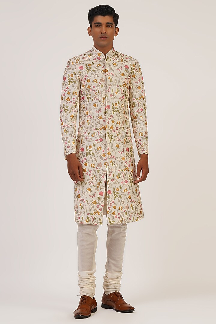 Ivory Silk Thread Embroidered Groom Sherwani Set by Dhruv Vaish at Pernia's Pop Up Shop