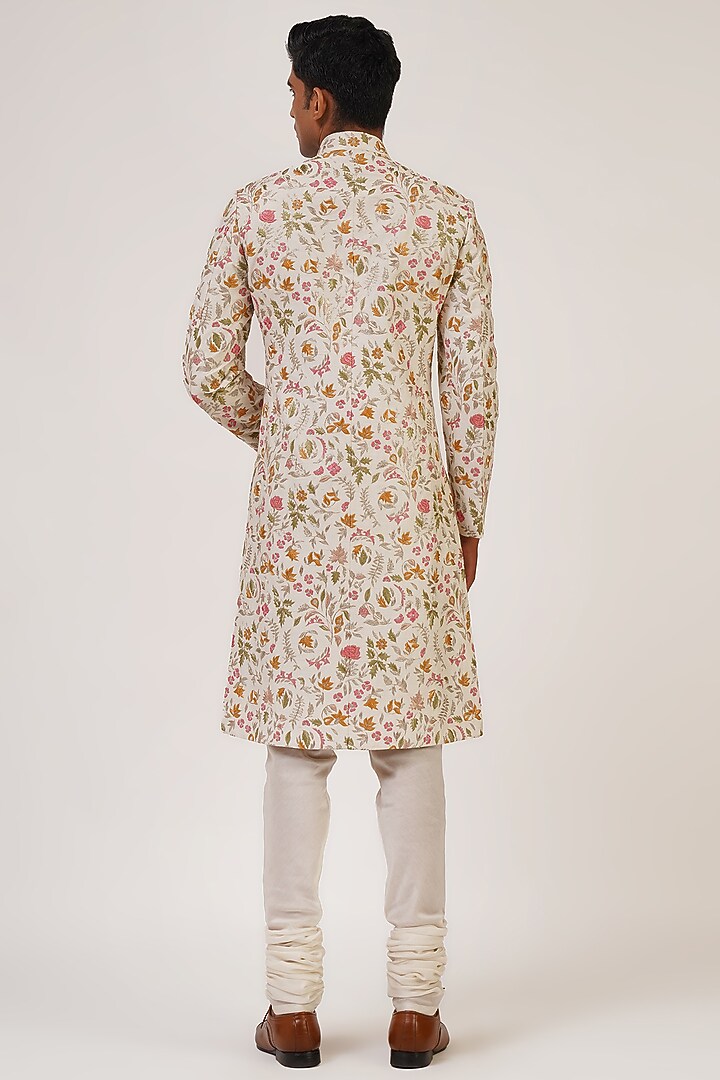 Ivory Silk Thread Embroidered Groom Sherwani Set by Dhruv Vaish at Pernia's Pop Up Shop