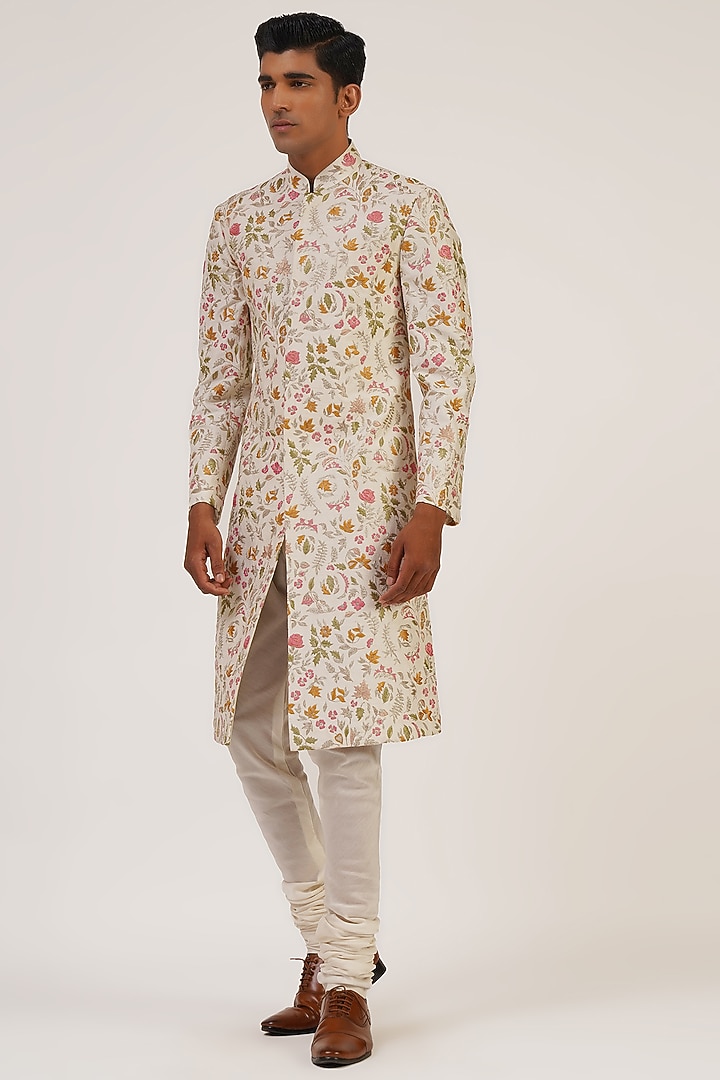 Ivory Silk Thread Embroidered Groom Sherwani Set by Dhruv Vaish at Pernia's Pop Up Shop