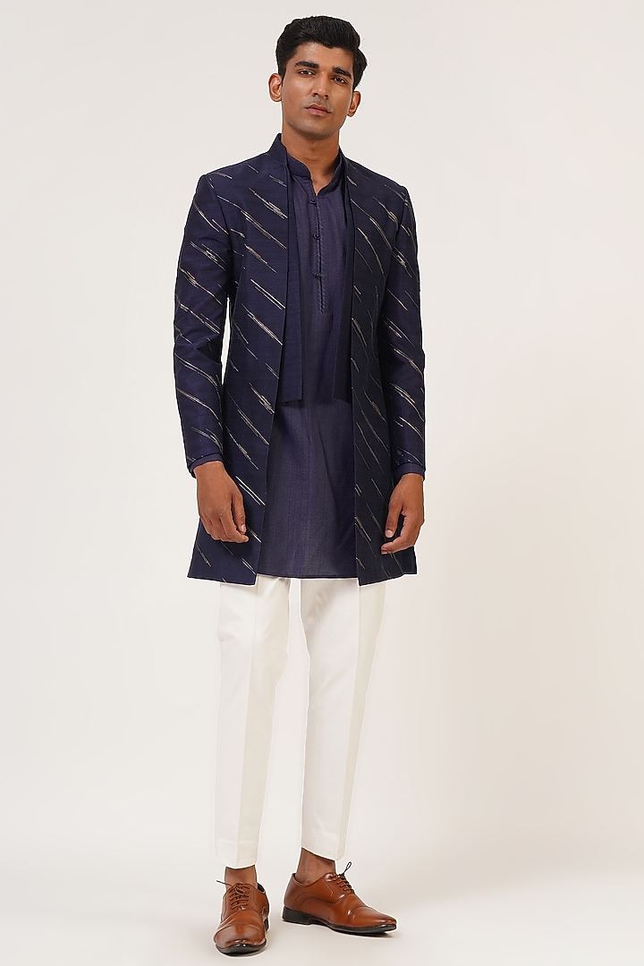 Navy Blue Silk Zari Embroidered Groom Indowestern Set by Dhruv Vaish at Pernia's Pop Up Shop