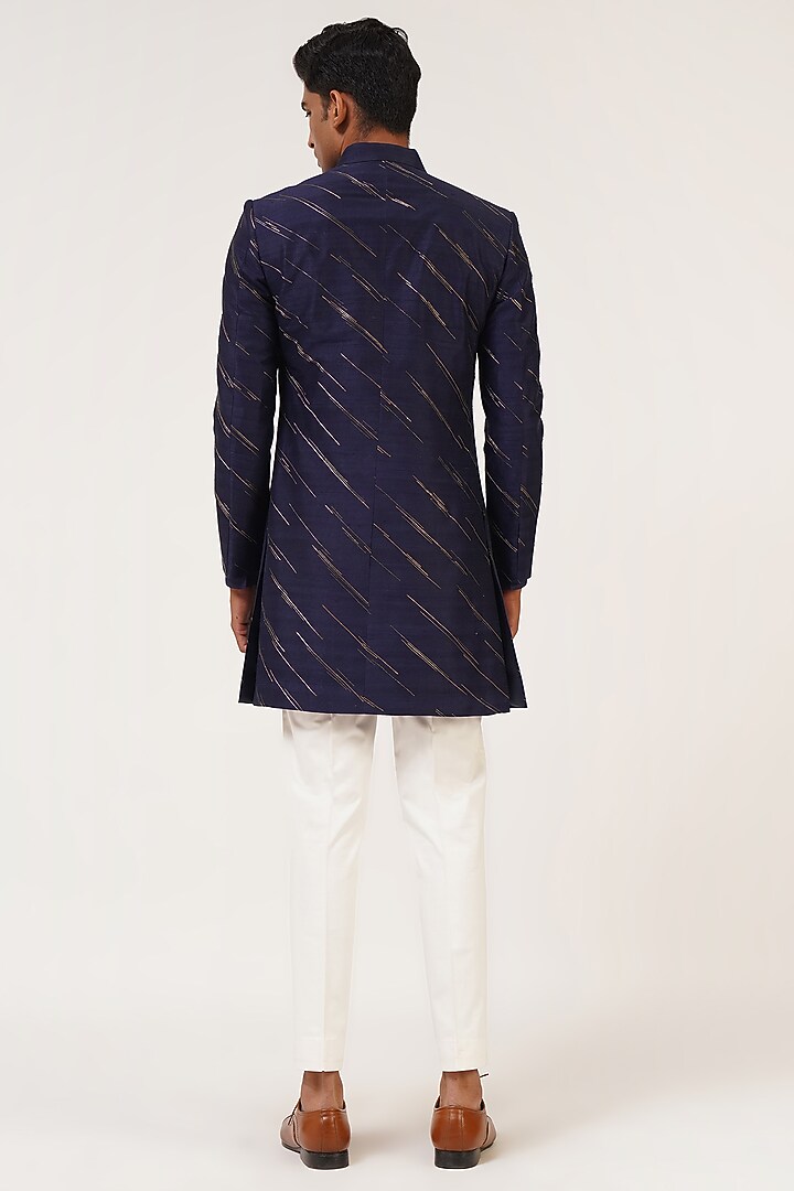 Navy Blue Silk Zari Embroidered Groom Indowestern Set by Dhruv Vaish at Pernia's Pop Up Shop
